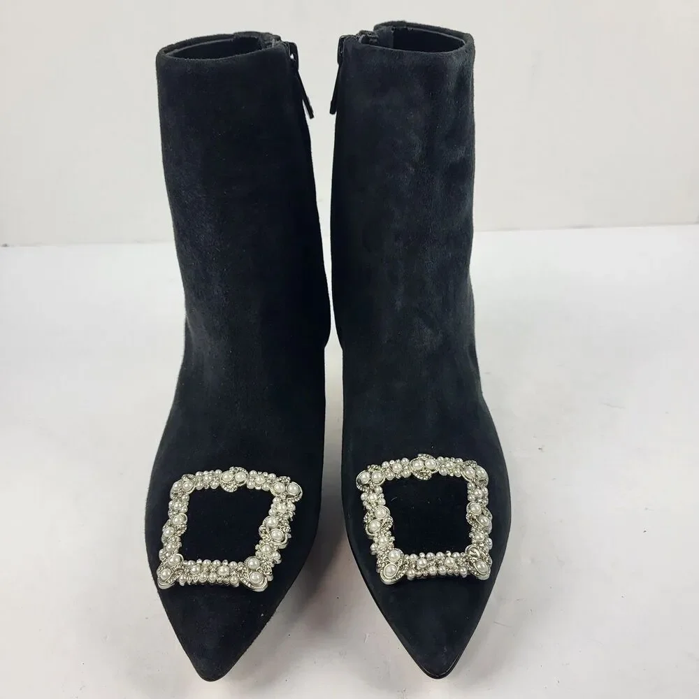 Sam Edelman Ulissa Luster Black Suede Rhinestone Mid Boots Size 6.5M